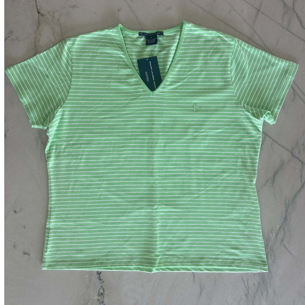 NWT Ralph Lauren Sport Striped V Neck T Shirt Pony Logo, Ice Green Size Women XL